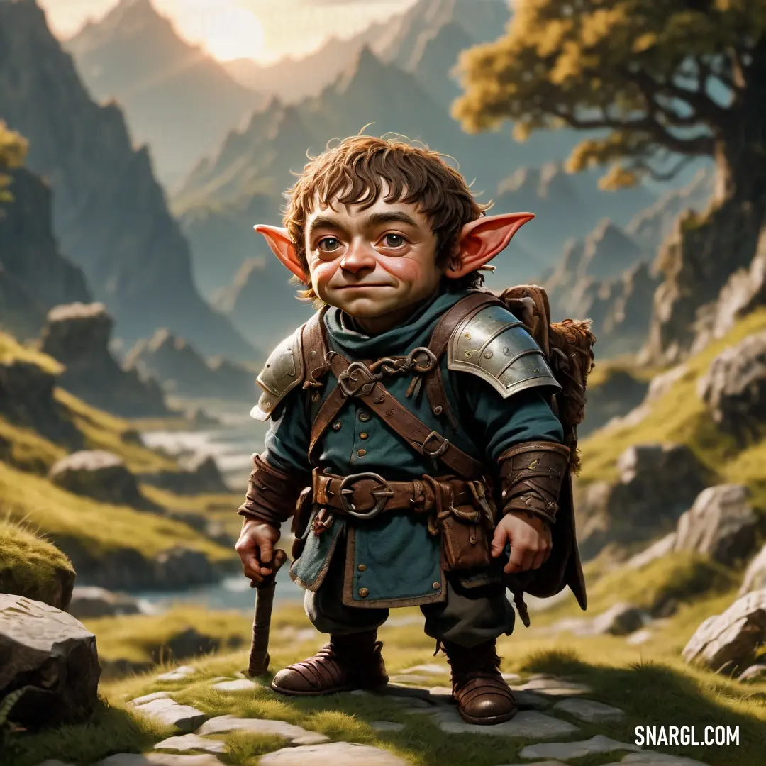 Painting of a troll with a backpack on a mountain side with a river in the background
