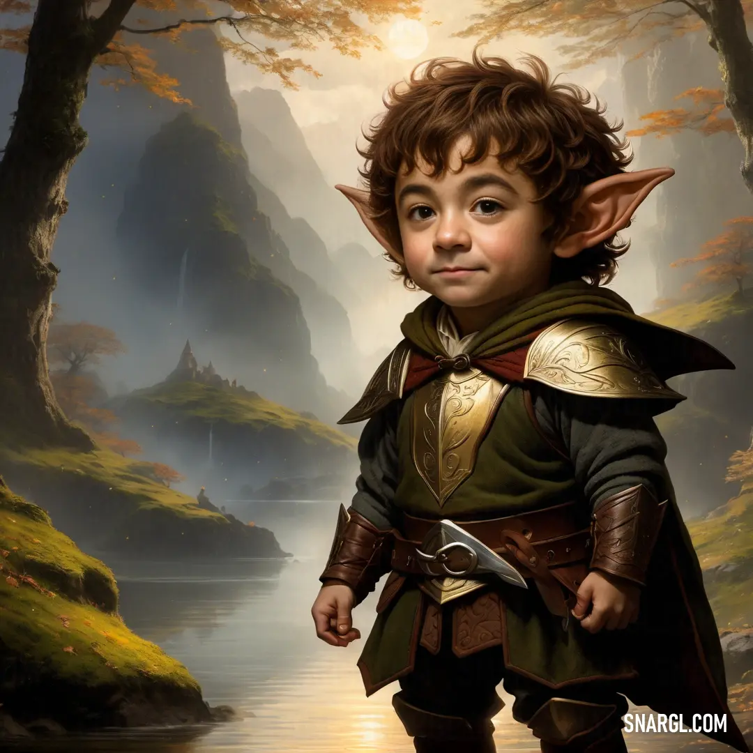 Painting of a young boy dressed as a elf with a sword in his hand and a forest in the background