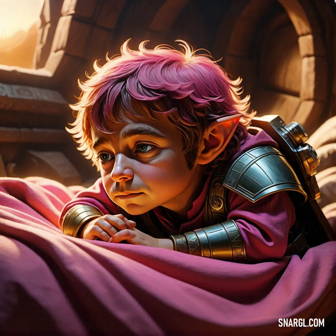 Painting of a young boy with pink hair and armor on laying on a bed