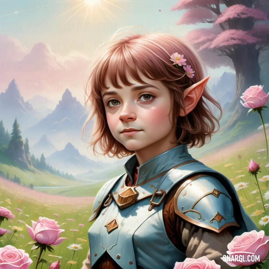 Painting of a young girl in a field of flowers with a elfs ears