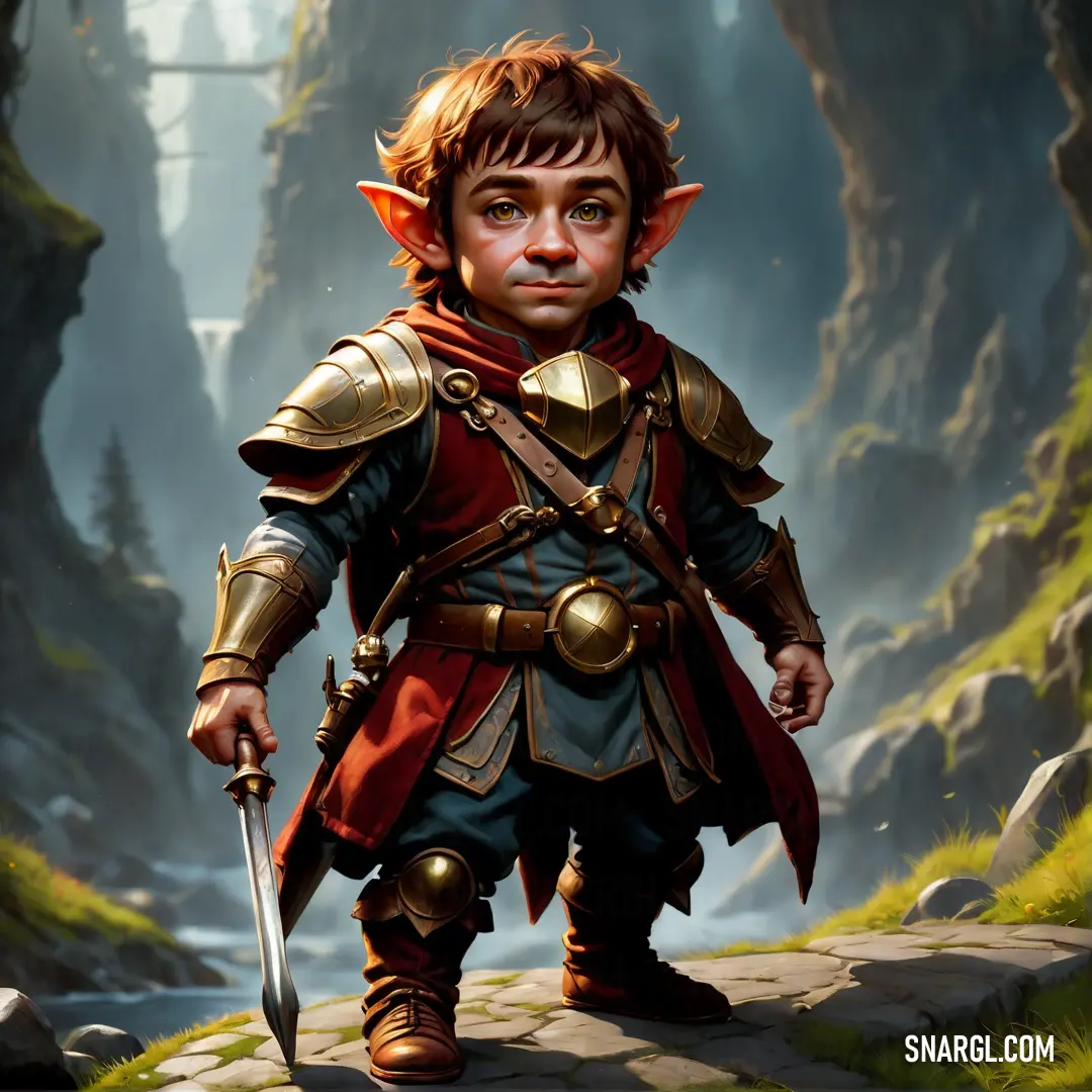 Painting of a young male Halfling in a red and gold outfit with a sword in his hand and a forest in the background