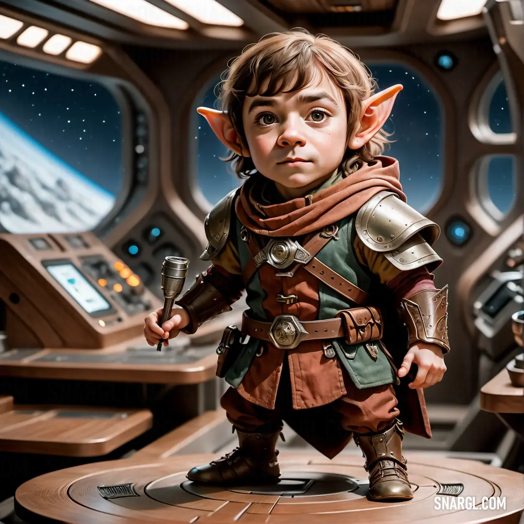 Small child dressed as a star wars Halfling in a space station setting with a spaceship in the background
