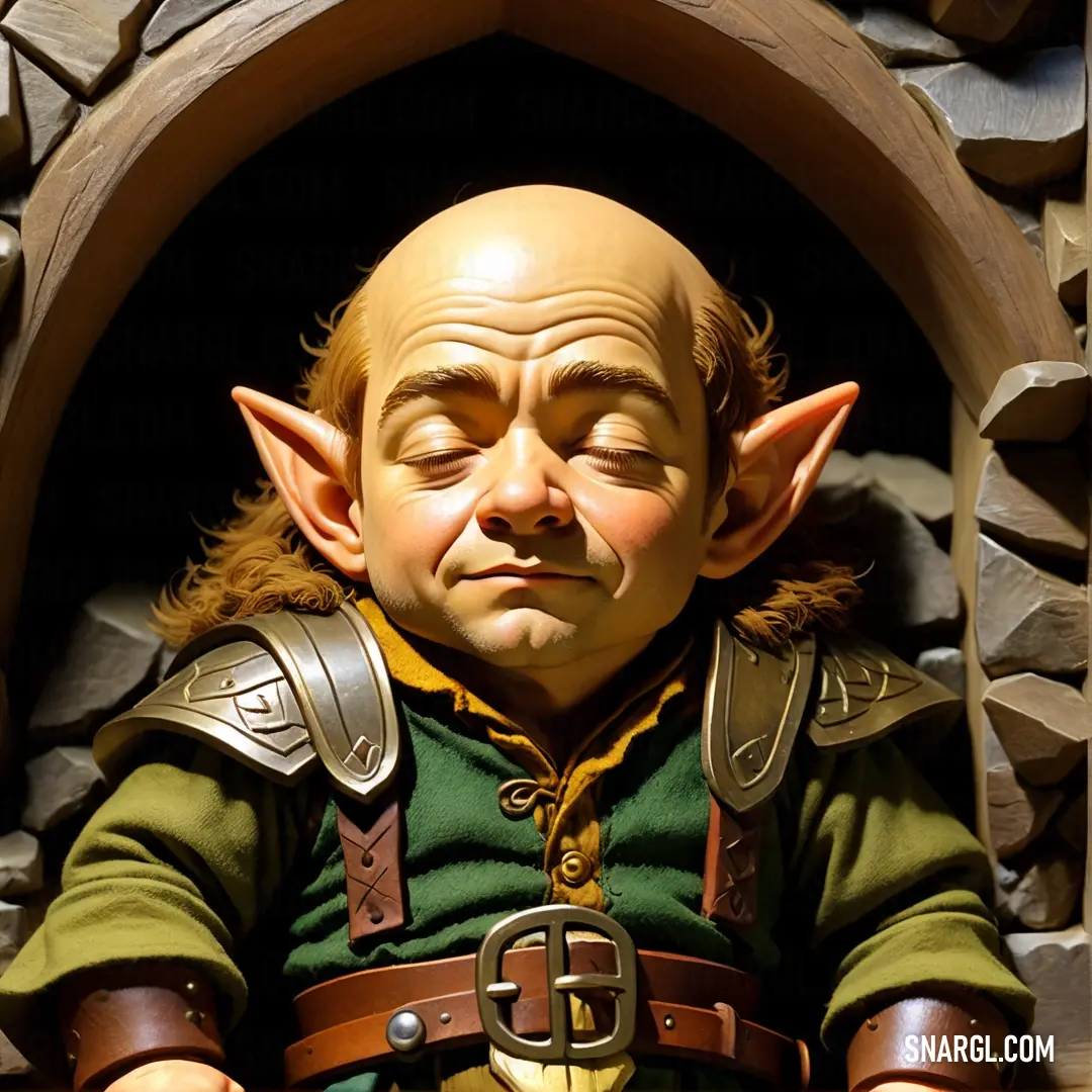 Statue of a male Halfling in a green outfit with a brown belt and a green shirt