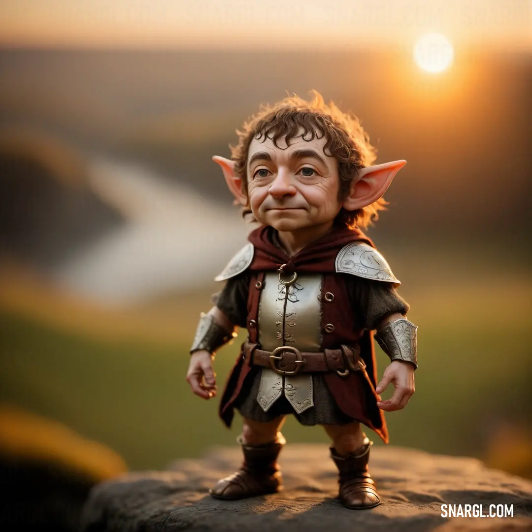 Toy of a troll with a red cape and brown outfit on a rock in the sun set with a river in the background