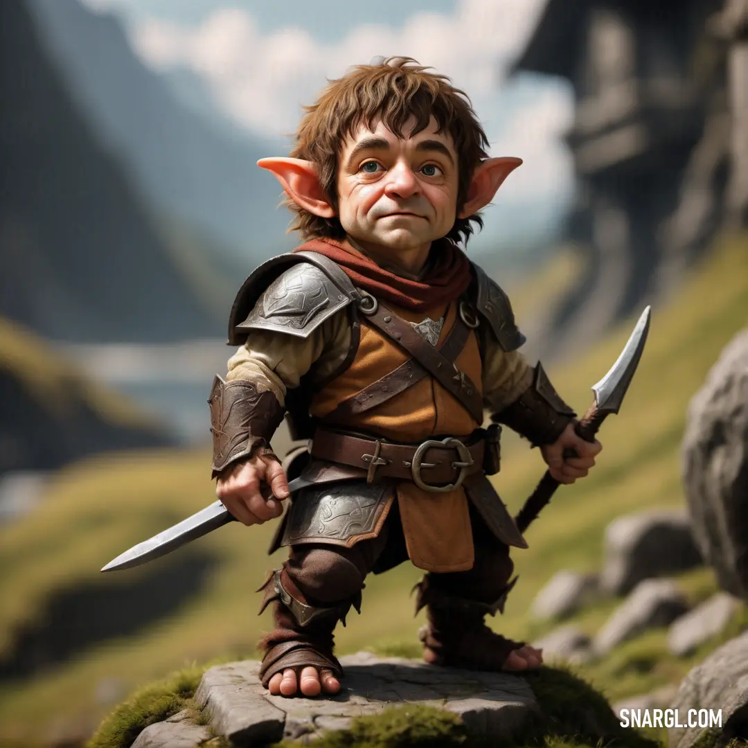 Troll with a sword standing on a rock in a field of grass and rocks