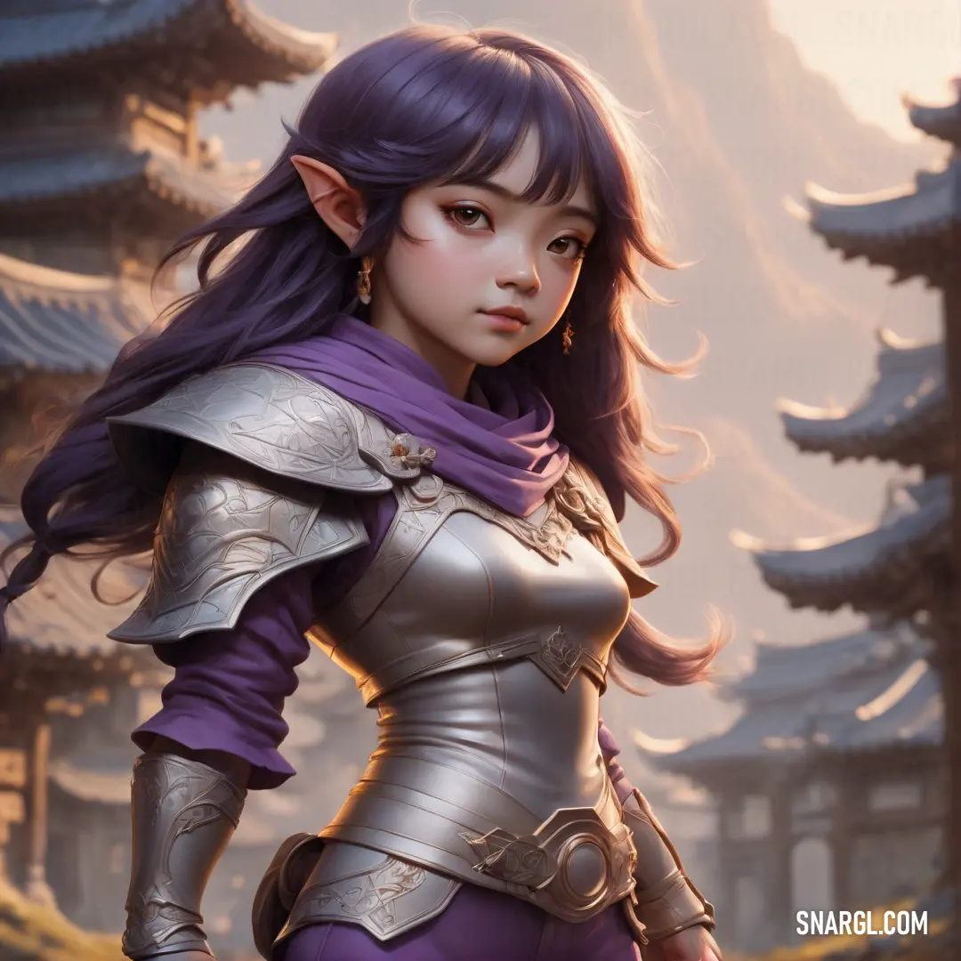 Halfling in a purple outfit standing in front of a building with a dragon on its shoulder