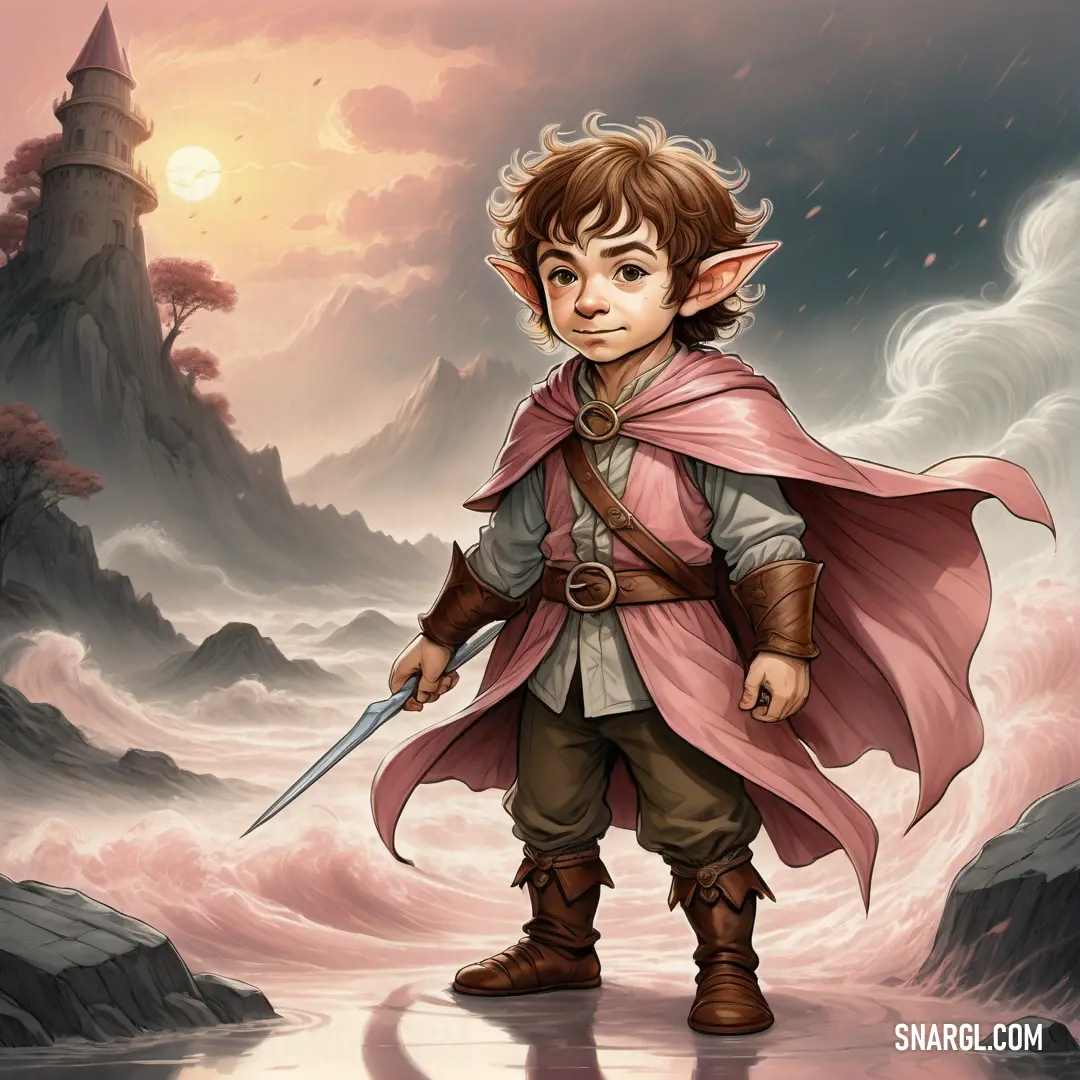 Young boy dressed as a dwarf standing in front of a mountain with a sword in his hand and a red cape on his head