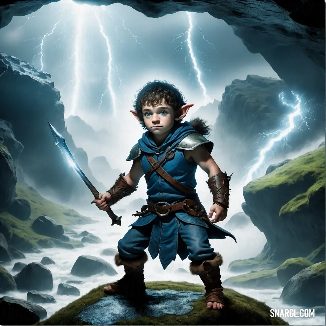 Young boy dressed as a elf holding a sword and standing in a cave with lightning in the background