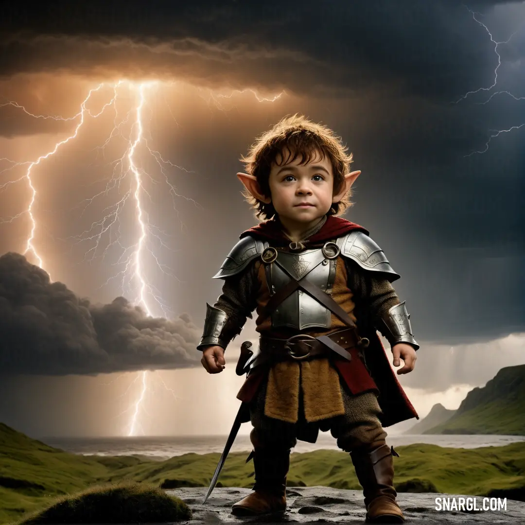 Young boy dressed as a knight standing in a field with lightning in the background