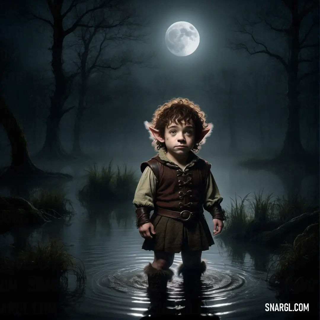 Young Halfling in a dark forest with a full moon in the background and a pond in the foreground