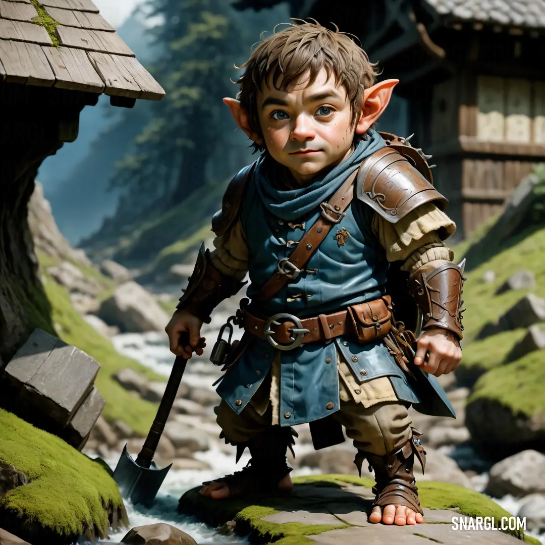 Young boy dressed in a costume standing on a rock in a stream of water with a sword in his hand