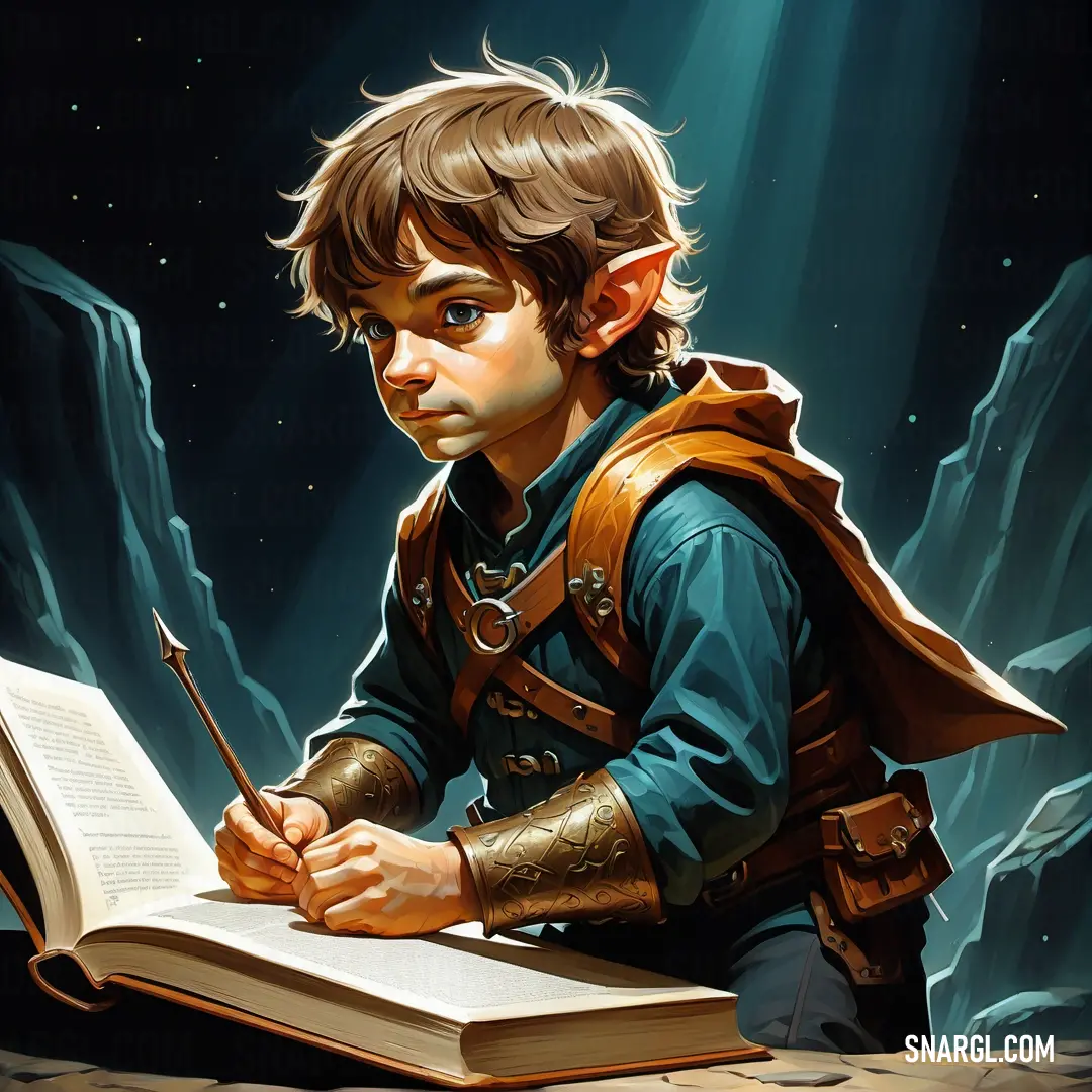 Young boy dressed in a costume is holding a book and a pen and looking at the pages of a book