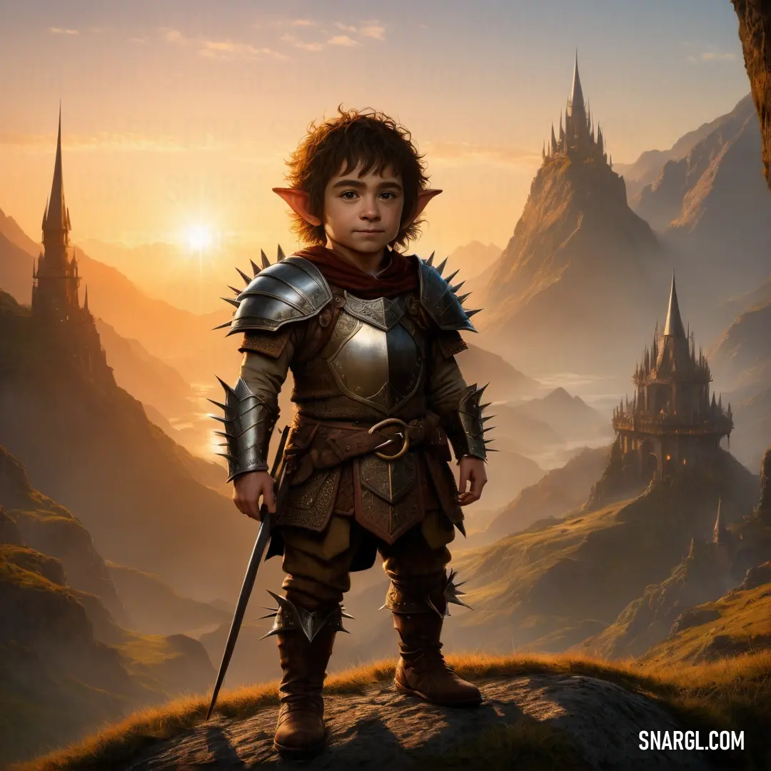 Young boy dressed in armor standing on a hill with a sword in his hand and a castle in the background