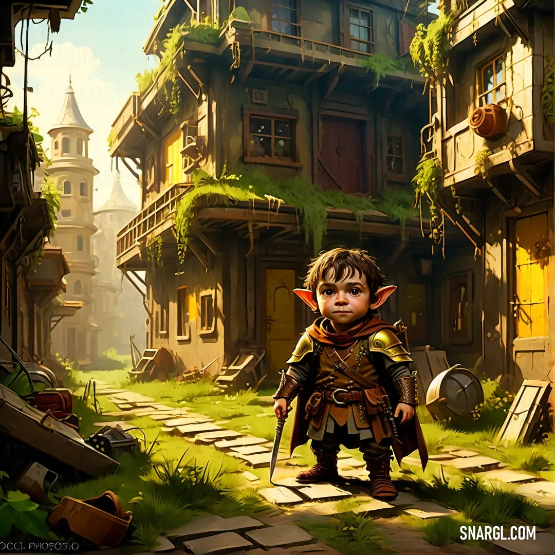 Young boy in a fantasy setting with a sword and shield in his hand