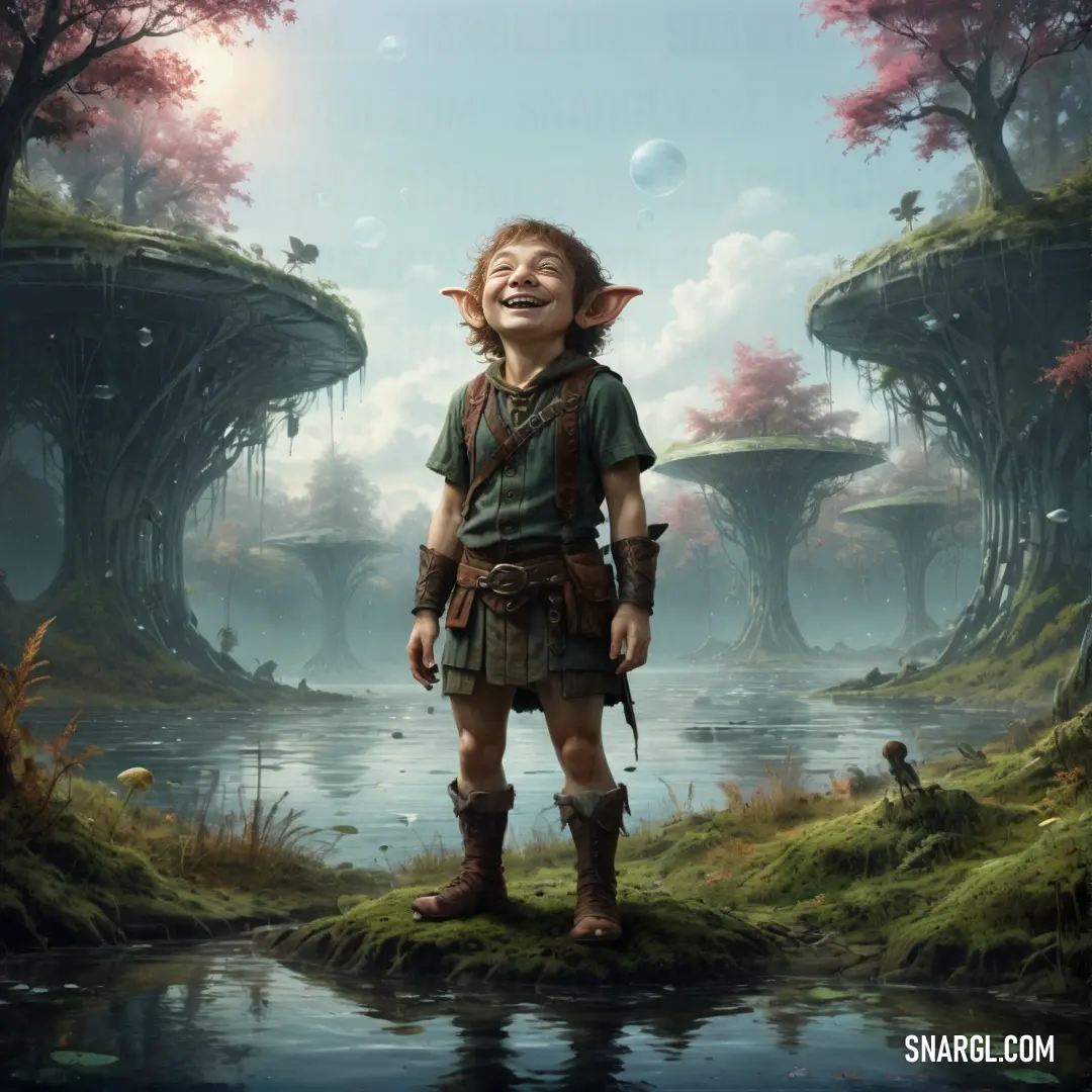 Young Halfling is standing in front of a lake with a forest in the background