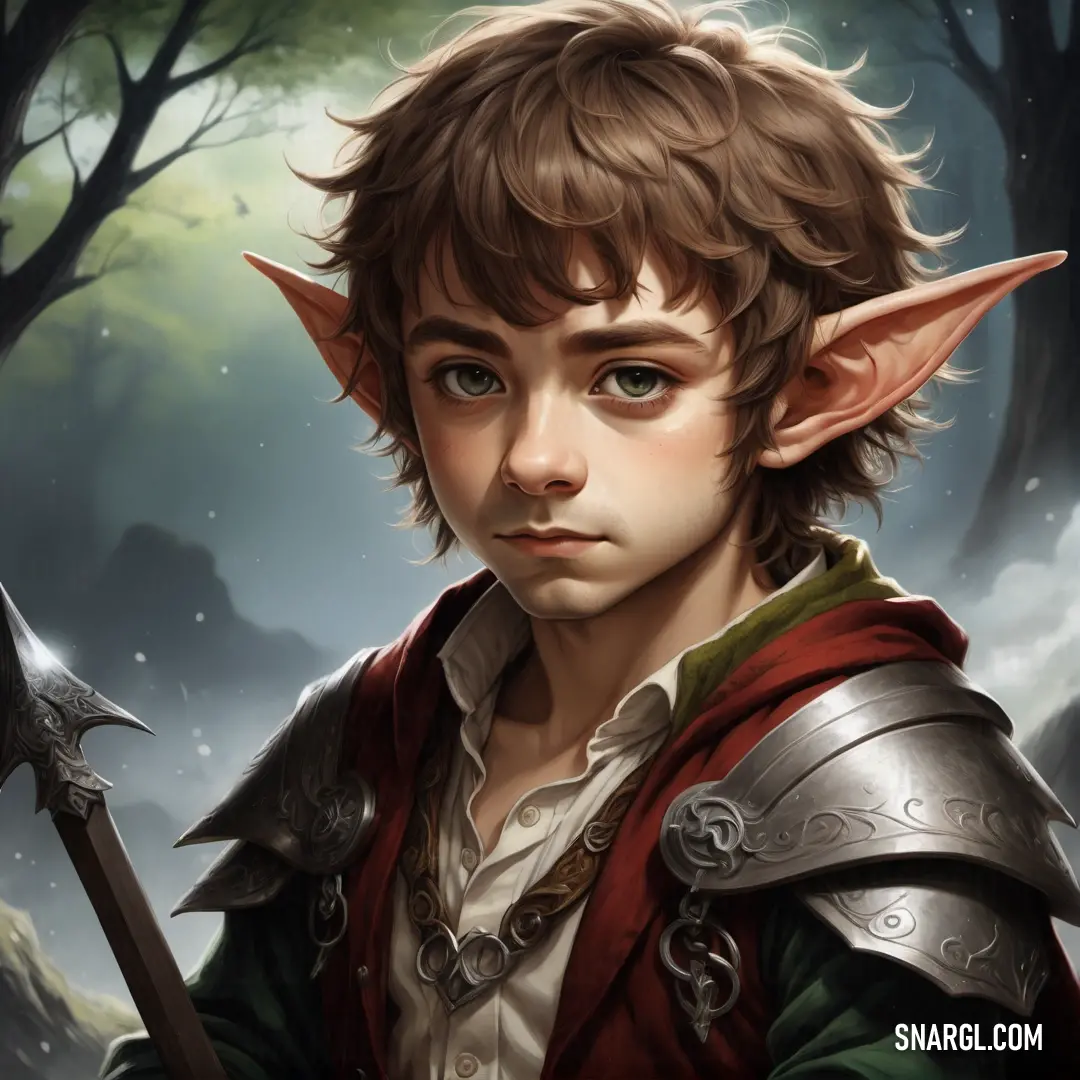 Young Halfling with a sword and a helmet on his head and a forest background is depicted in the background