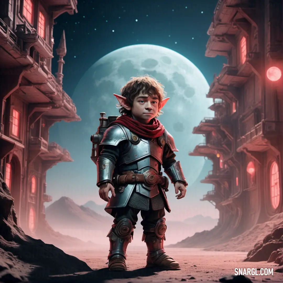 Young male Halfling in a futuristic city with a full moon in the background and a red light in the sky