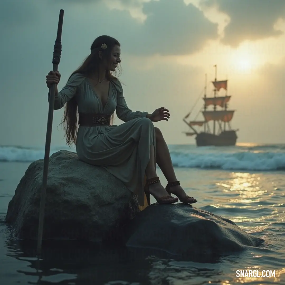 Halia stands majestically on a rocky outcrop overlooking the vast ocean, where a distant boat dances upon the waves, with the sun setting in hues of pink and orange.