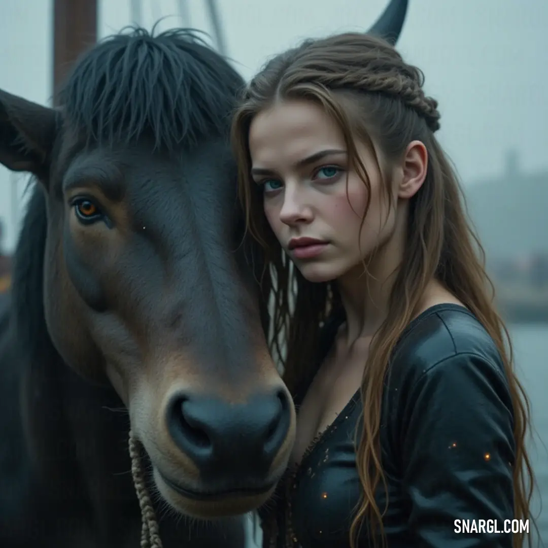 Halla stands proudly next to a majestic cow with flowing hair and mesmerizing blue eyes, embodying the essence of tranquility in a picturesque setting. A young woman named Halla stands confidently beside a magnificent cow, its long flowing hair cascading like sunlight and enchanting blue eyes radiating wisdom and calmness. The serene landscape behind them adds a rustic charm to the moment.