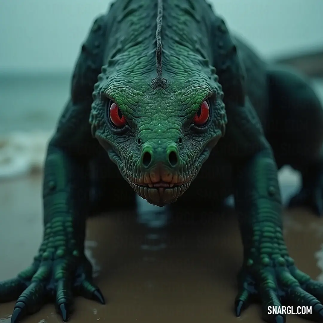 A striking close-up of a green lizard with bright red eyes and a sleek black body against a natural setting. A striking close-up unveils a vibrant green lizard with vivid red eyes and a sleek black body, showcasing its delicate features, perched quietly against a soft, blurred natural backdrop.