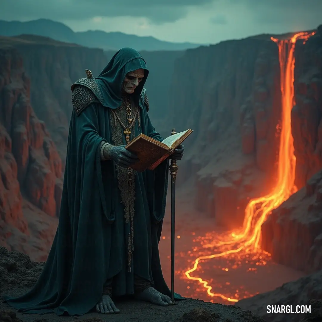 Hallowed Horror in a striking green robe before a mesmerizing lava waterfall. Hallowed Horror stands regally in a flowing green robe, gripping an ancient book, poised in front of a mesmerizing cascade of lava, a captivating sight reflecting the raw power of nature and mysticism.