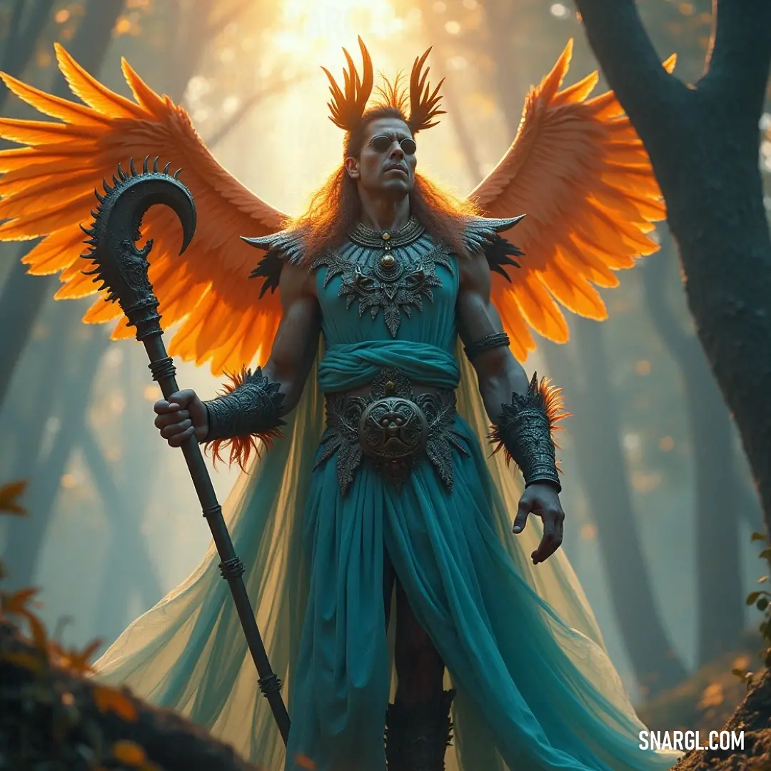 A majestic Hallowed Mage with wings holding a sword in a serene woodland. A majestic Hallowed Mage adorned with wings and holding a sword stands valiantly in a serene woods, the ethereal glow surrounding him suggesting a powerful connection to both the heavens and the earth.