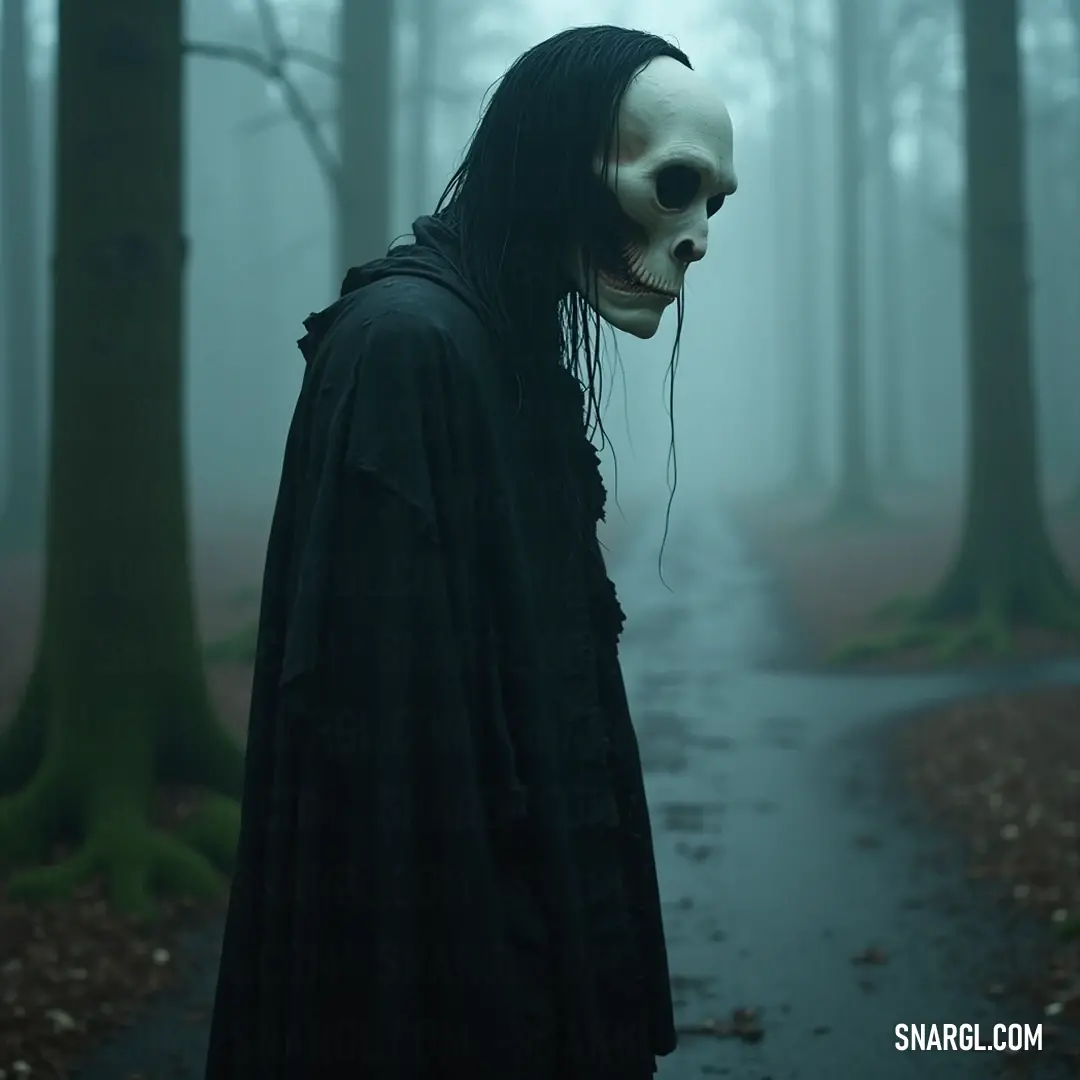 A figure with a haunting face in a fog-draped forest, evoking an ominous feeling. A figure with an unsettling visage and long hair stands amidst a foggy forest, their eerie presence heightened by the trees that seem to close in, creating a foreboding atmosphere.