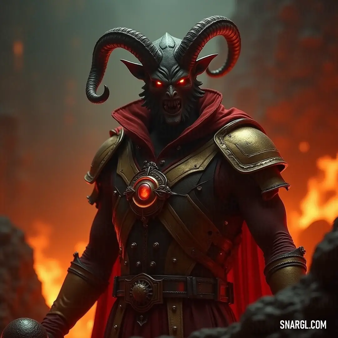 Halphas, a dark and powerful figure with horns and a cape, stands before a fire-filled sky, his eyes glowing with the heat of the flames. A demonic figure, Halphas, stands menacingly in front of a fiery sky, his dark cape billowing in the intense heat. His horns curl sharply, and the glowing red lights reflect his fierce, imposing presence.