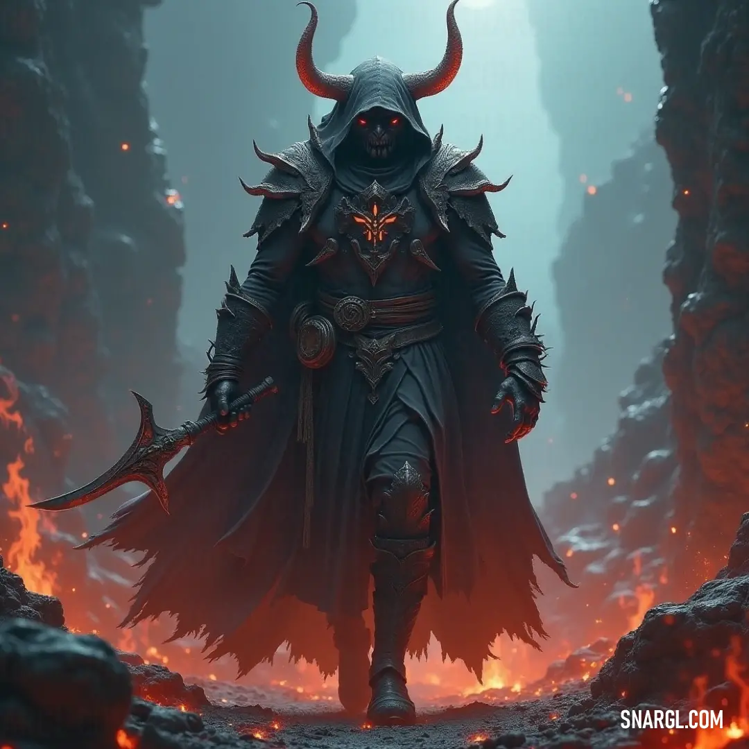Halphas stands poised in a cave engulfed by flames, his horned attire accentuating his warrior spirit, as he brandishes a sword, ready to confront any challenge. Halphas embodies action in a fierce pose, sporting a horned outfit as flames flicker behind him, while he wields a sword, seamlessly merging bravery with the wild essence of the cave.