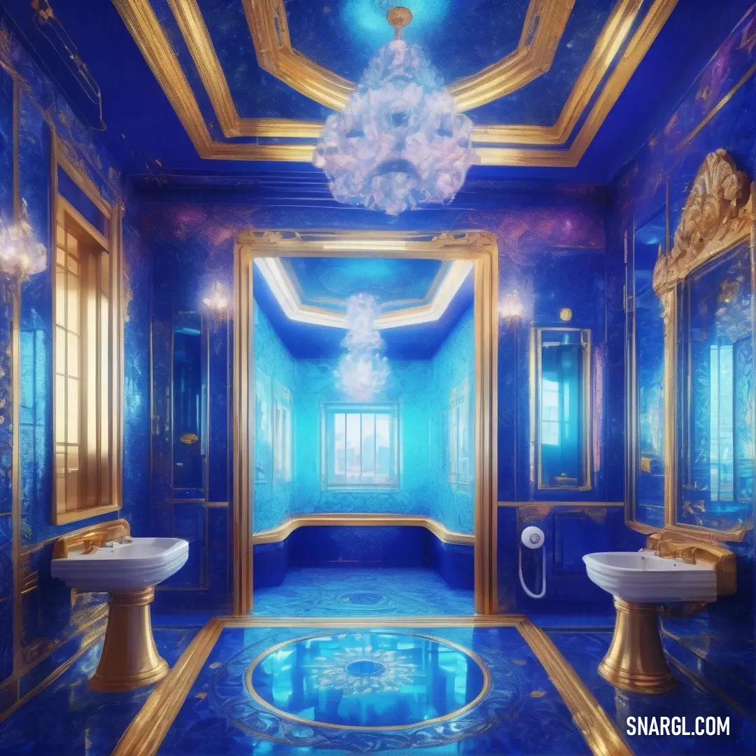 Bathroom with a blue and gold theme and a chandelier hanging from the ceiling and a sink. Example of #446CCF color.