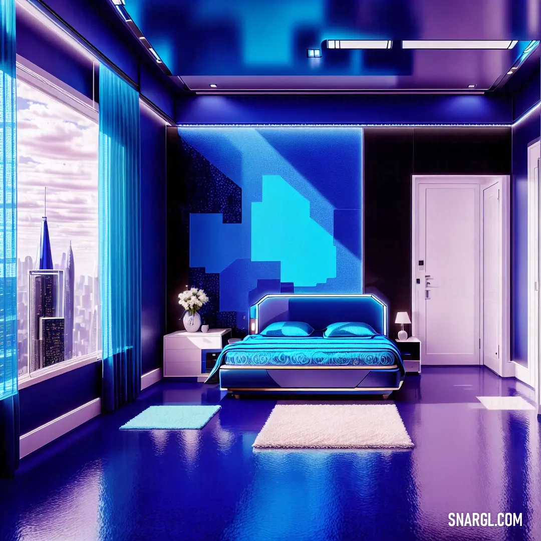 Bedroom with a blue bed and a white rug on the floor and a blue wall and ceiling with a city view