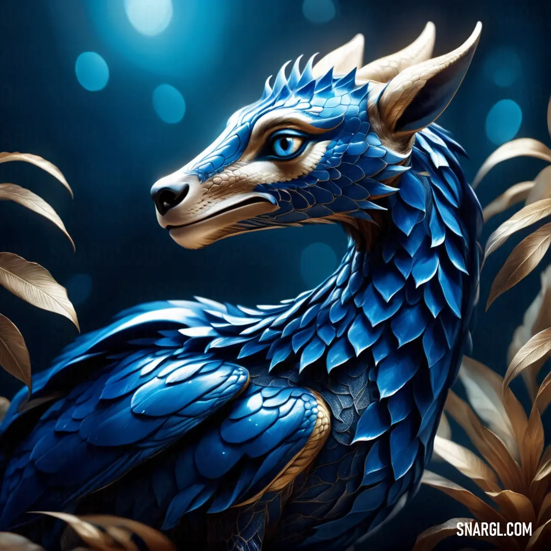 Blue dragon statue on top of a lush green field of leaves and flowers on a dark blue background. Color #446CCF.