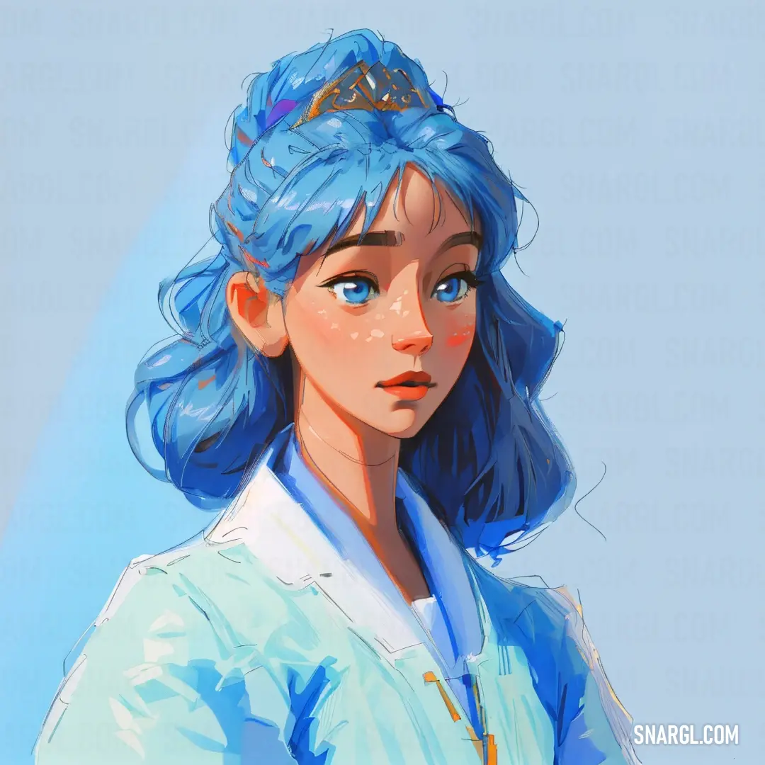 A blue-haired girl wearing a dazzling tiara exudes charm and grace, her bright blue locks beautifully contrast against her delicate features, creating a whimsical aura of elegance and fantasy.