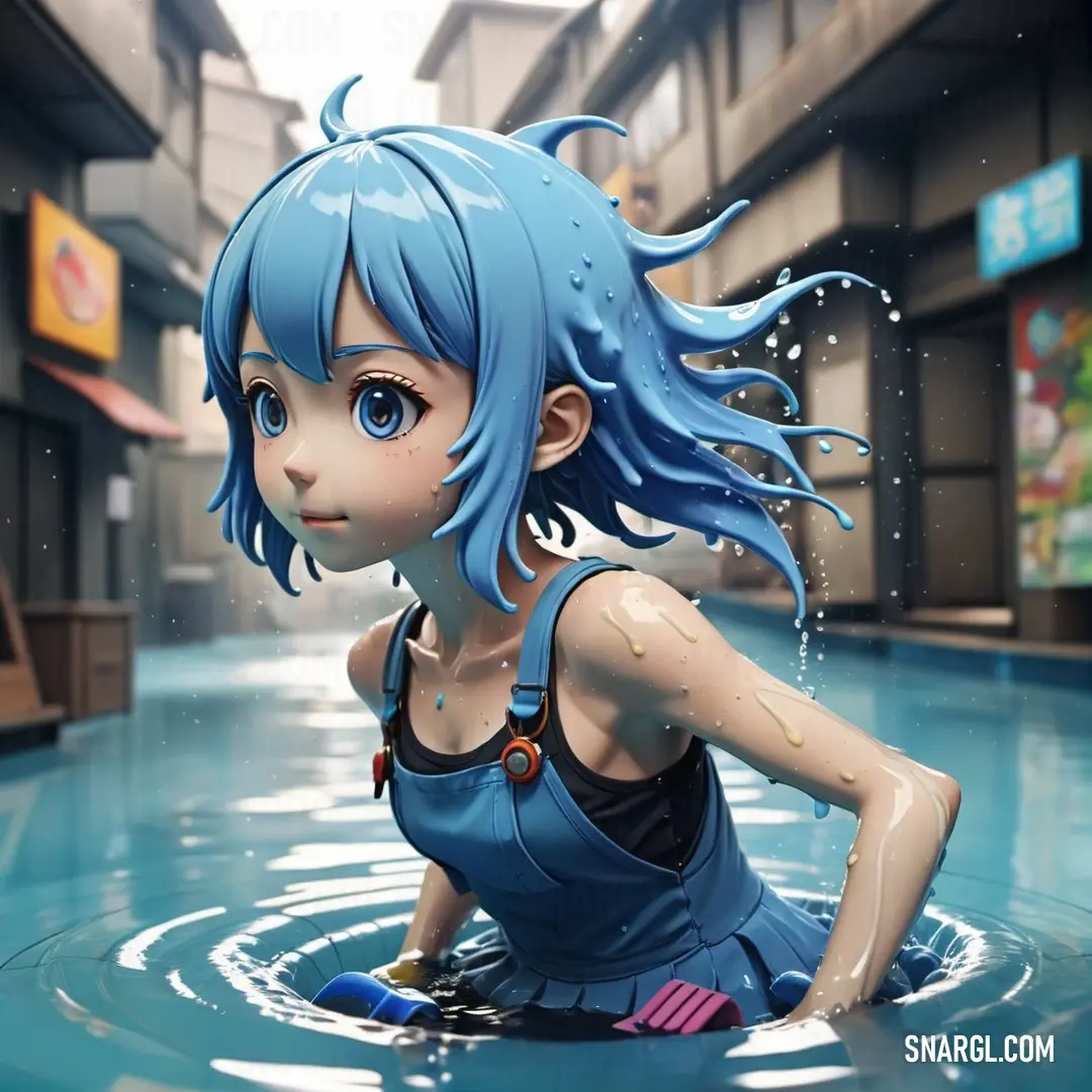 A whimsical cartoon girl floats above the water in a tranquil pool, her cheerful blue dress bobbing gently as her head peeks above the surface, offering a playful glimpse into her enchanted world.