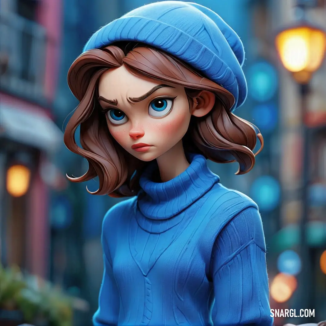 Han blue color example: Cartoon girl with blue eyes and a blue hat on a city street at night with street lights in the background