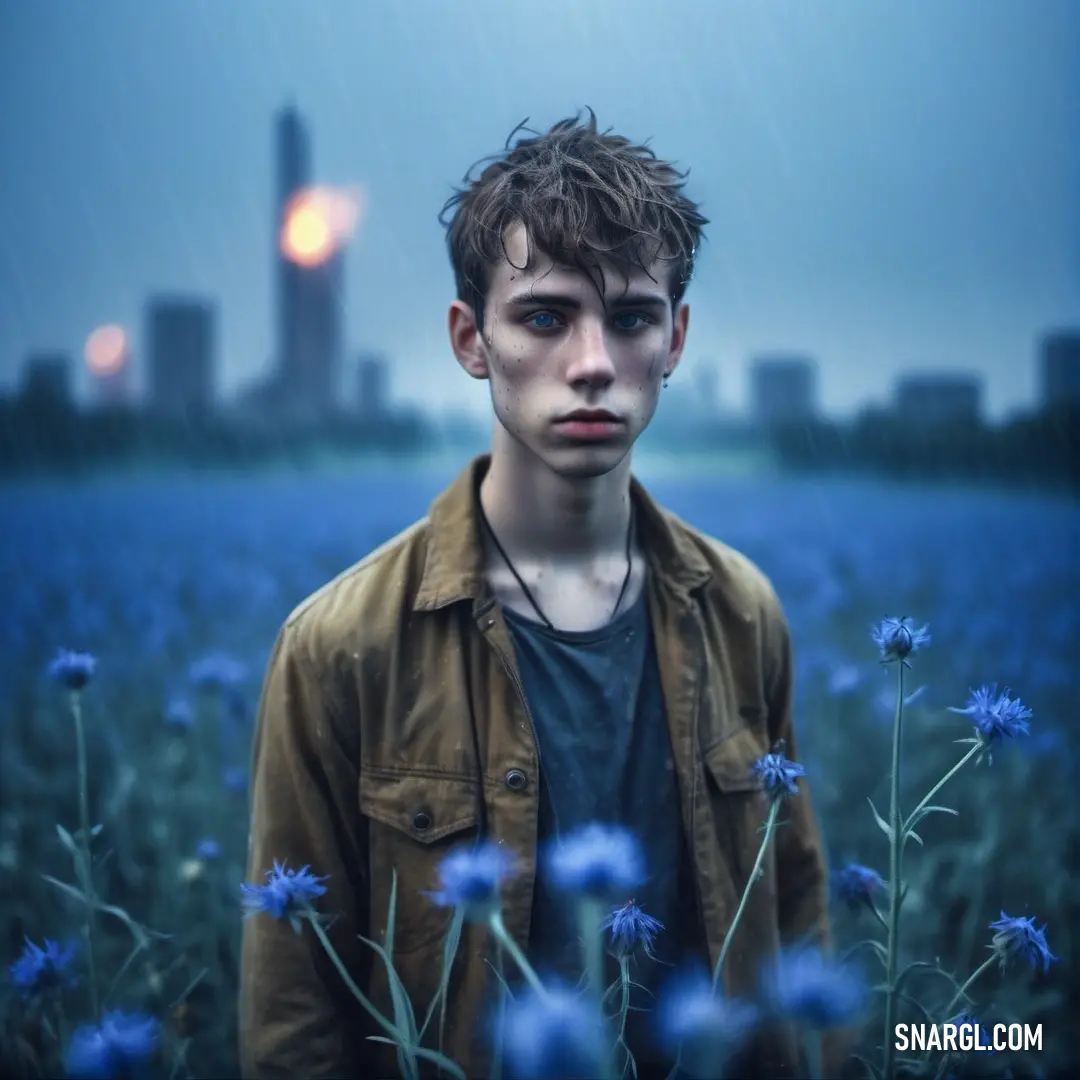 Man standing in a field of blue flowers in the rain with a city in the background. Color CMYK 67,48,0,19.