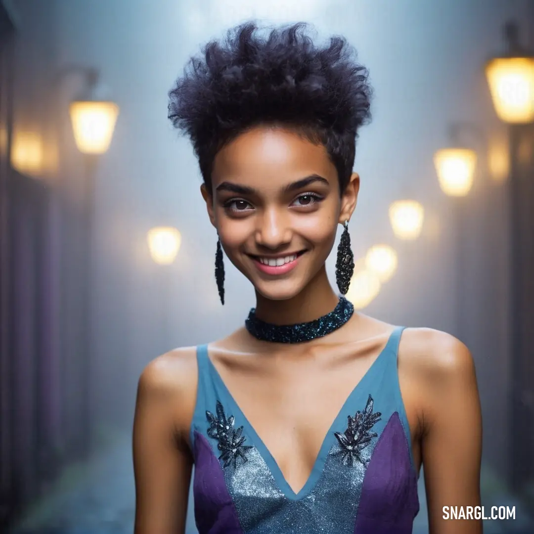 A woman with a sparkling necklace and earrings smiles warmly at the camera, her joyful expression illuminated by soft light. The subtle tones of RGB 68,108,207 infuse the scene with warmth and charm.