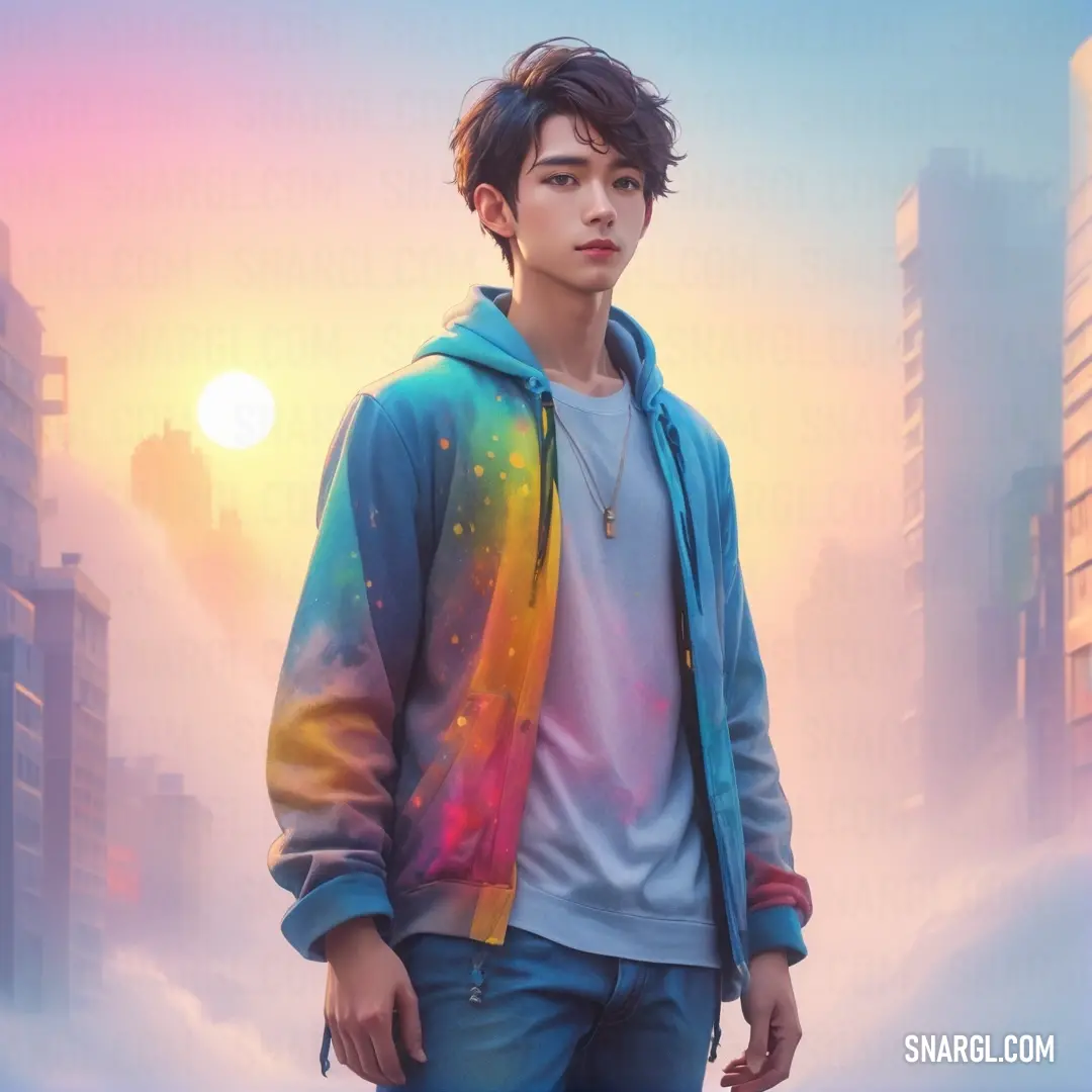 A young man stands confidently in front of a sprawling city skyline, wearing a unique rainbow tie-dye jacket that makes a bold statement against the urban backdrop, exuding creativity and individuality.