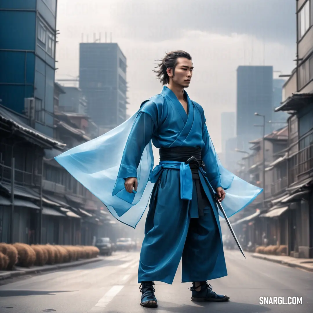 Man in a blue outfit is walking down the street with a sword in his hand and a blue shawl. Example of RGB 68,108,207 color.