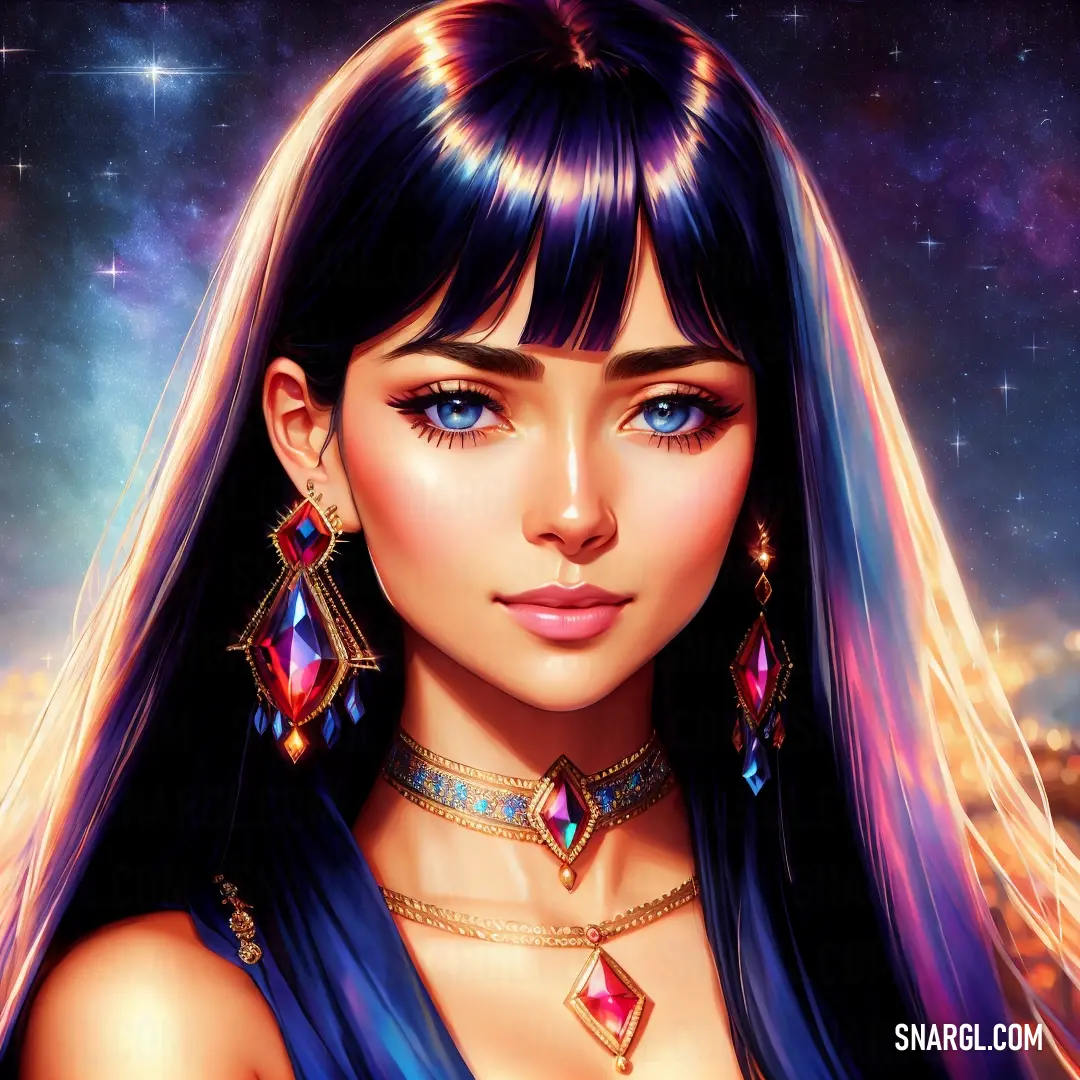 A painting of a woman with flowing hair and bright blue eyes, adorned with a delicate necklace and earrings. She is set against a tranquil sky, radiating elegance and serenity, her jewelry catching the light.