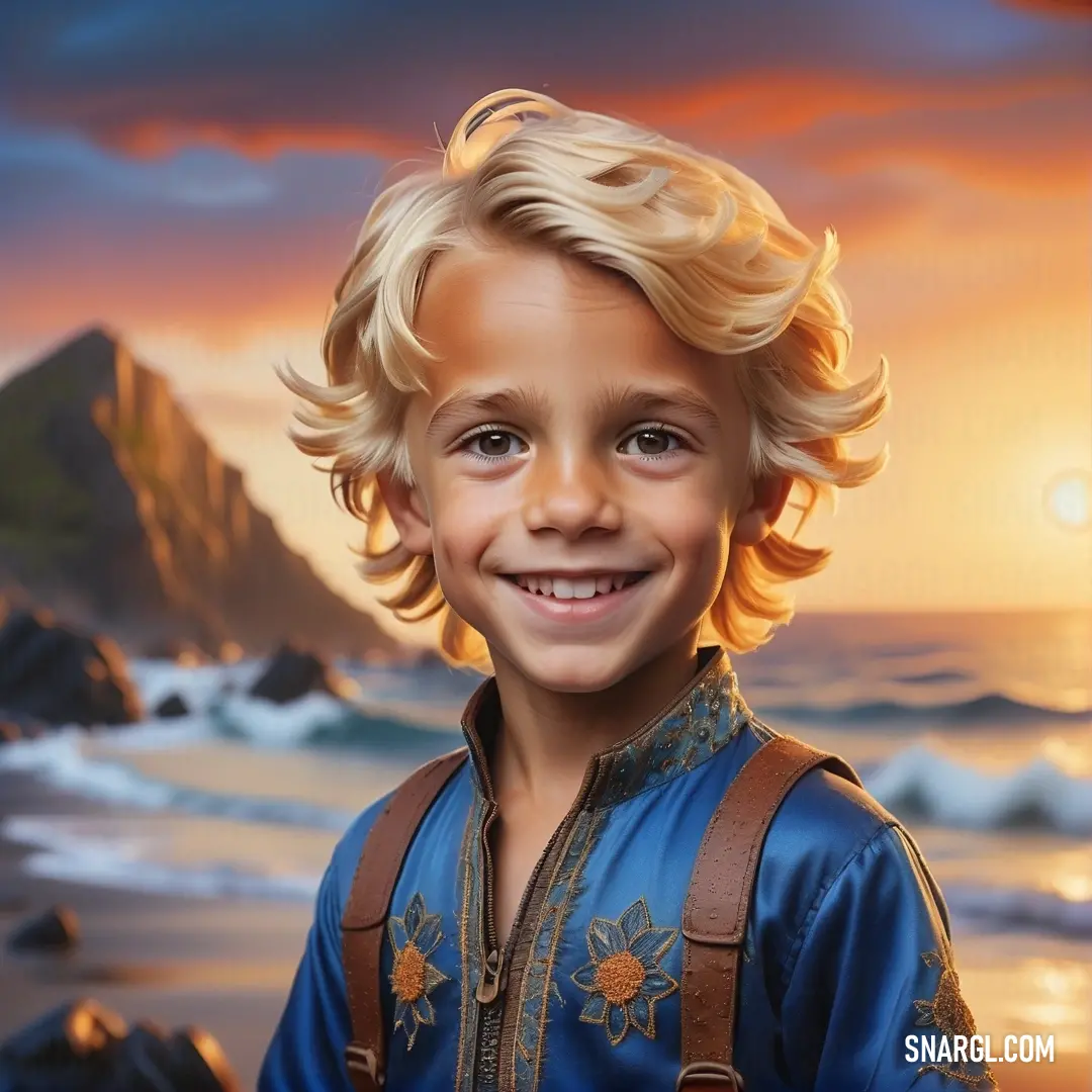 A painting captures a young boy enjoying a sunset on the beach, a backpack slung over his shoulder. The backdrop features the mesmerizing colors of the sunset and the majestic mountains rising in the distance.