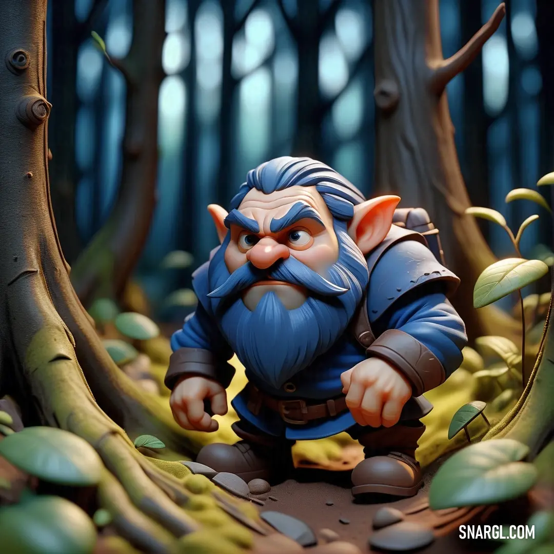Small figurine of a dwarf in a forest setting with trees and leaves around him. Color #446CCF.
