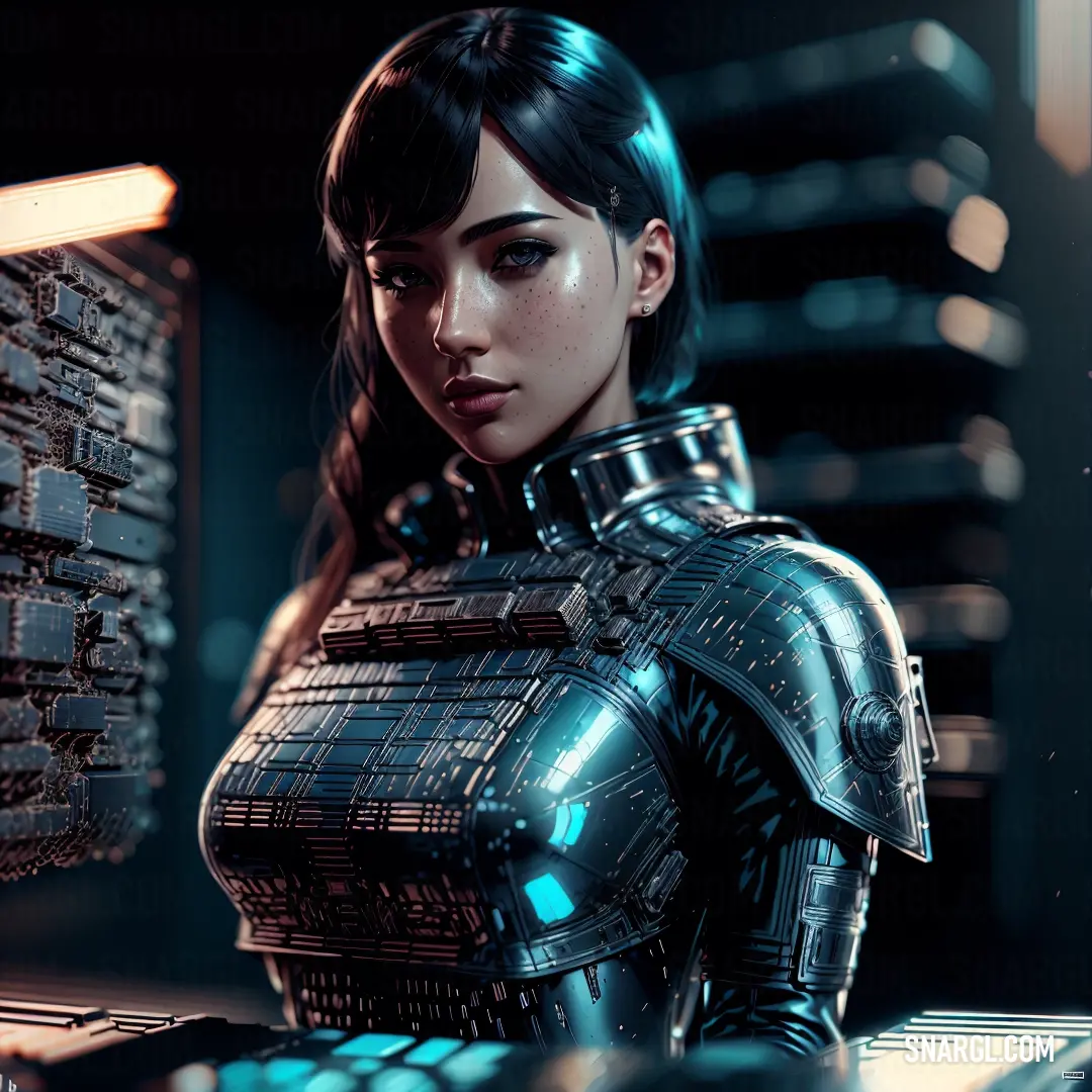 A woman in a sleek, futuristic suit stands in front of a glowing computer screen. The deep blue of her outfit and the cool lighting around her create an atmosphere of advanced technology, highlighting the sophisticated and bold Han blue hue in her design.