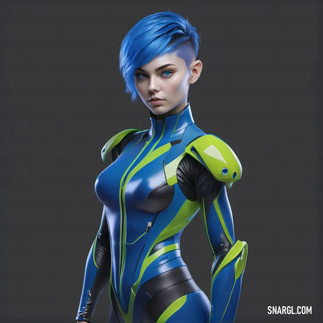Han blue color. Woman in a futuristic suit with blue hair and green accents