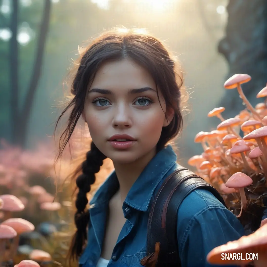 A woman with a braid stands in a magical mushroom field, her blue shirt and backpack adding contrast to the enchanting atmosphere, complemented by the soft blue hue of #446CCF in the scene.