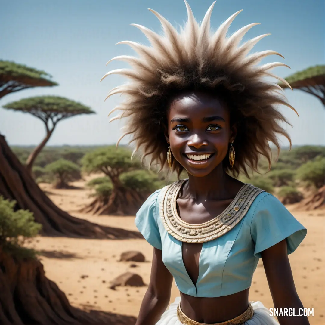 A woman with a striking, unconventional hairstyle stands in a desert landscape, with sparse trees and vast open space behind her. The soft, muted tones of the desert contrast with her bold and vibrant look.