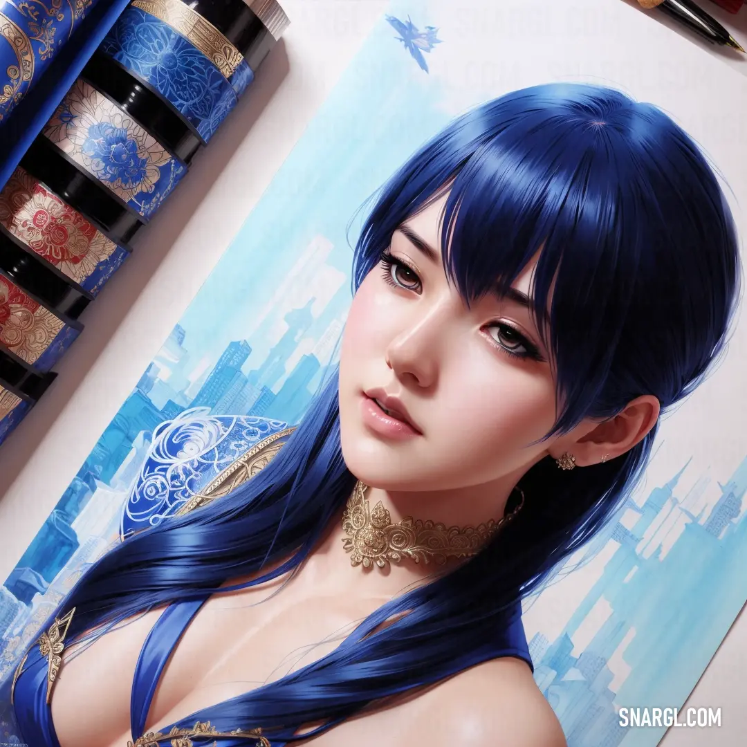 Woman with blue hair and a necklace on her neck and a painting behind her