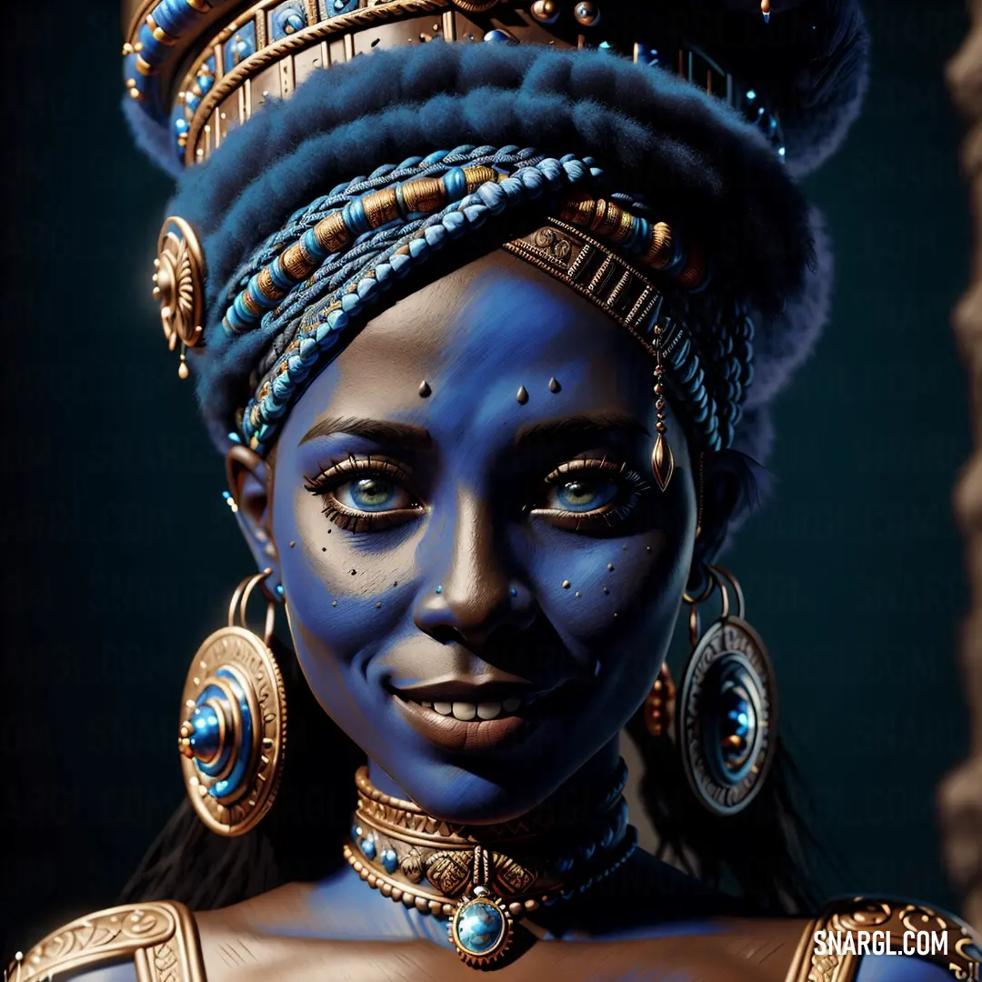 Woman with blue makeup and jewelry on her face and headdress on her head