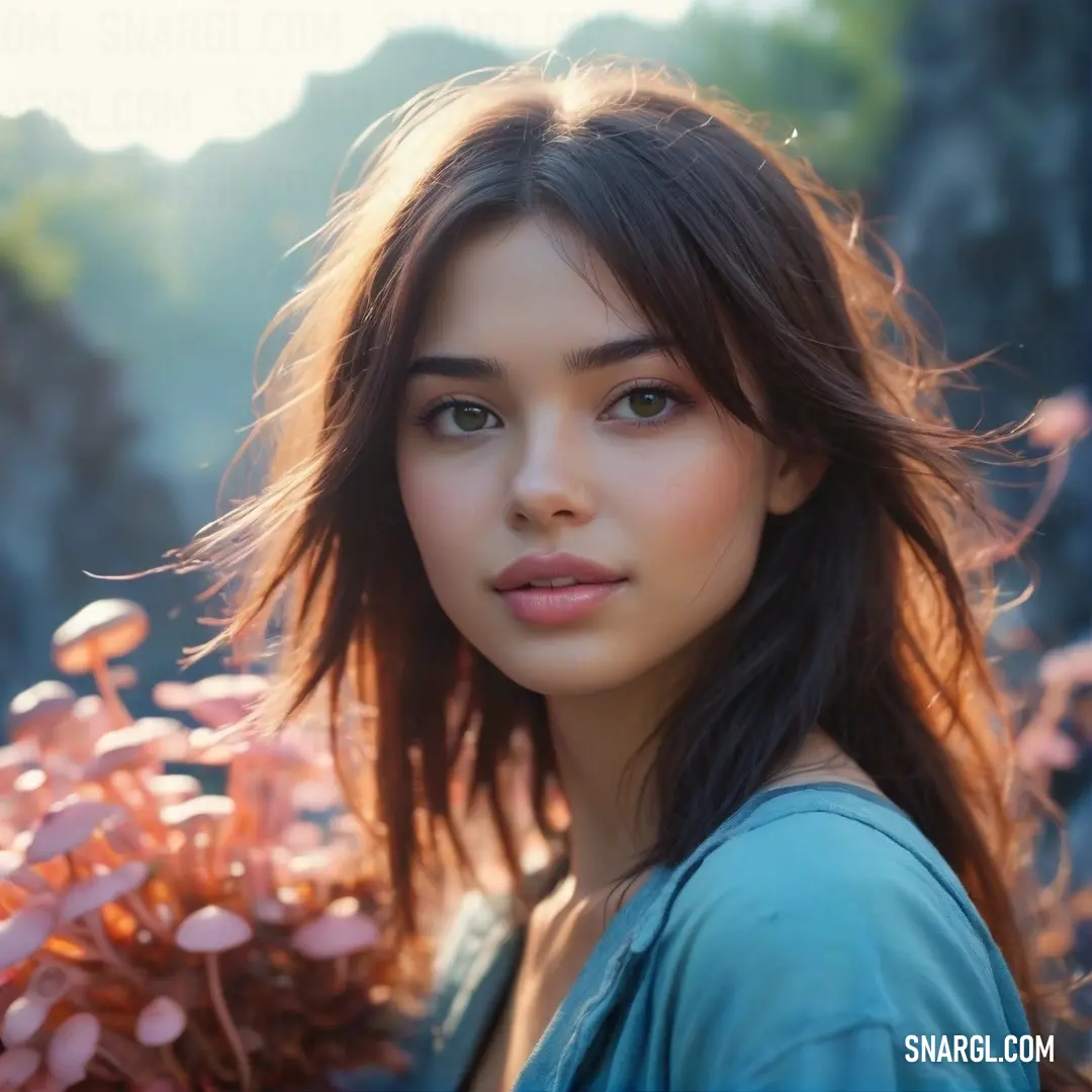 In a vibrant field of flowers, a woman with long hair wears a blue shirt, standing amidst the blossoms. The color Han Blue perfectly reflects the peaceful serenity of this natural setting.