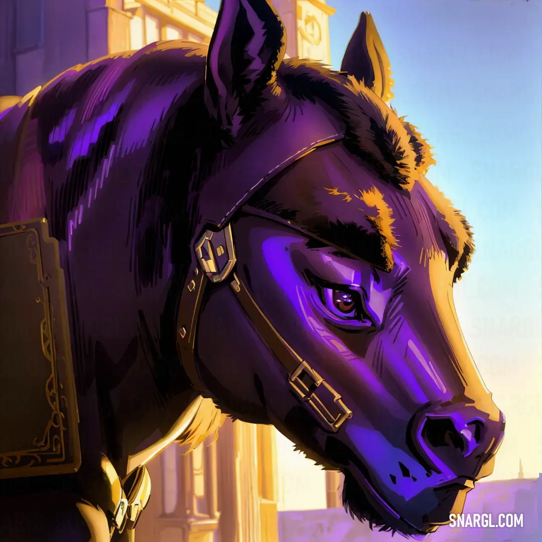 Horse with a purple mane and a building in the background